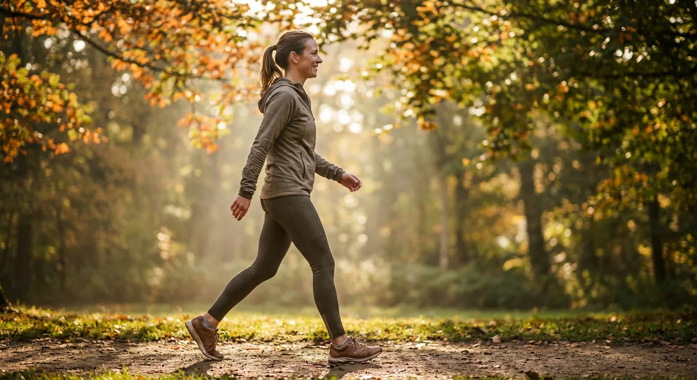 Une patiente en pleine rééducation physique marchant dans un parc après son opération du cœur.