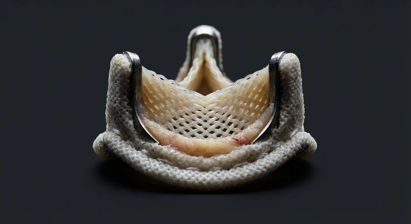 Gros plan iconique d'une bioprothèse de valve pulmonaire de haute précision.