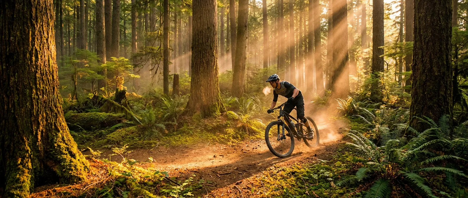 Personne faisant du vélo en pleine nature symbolisant la renaissance physique après une opération.