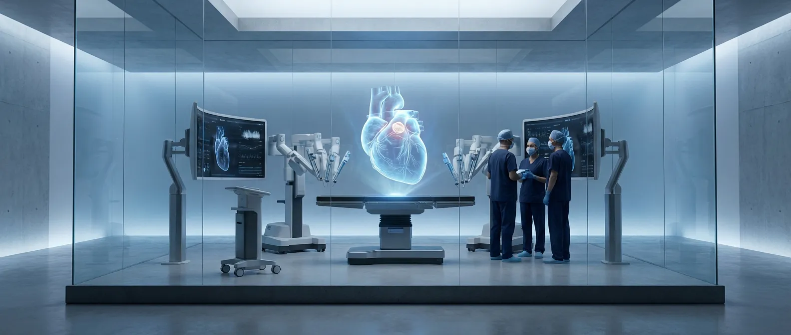 Vue cinématographique d'une salle de chirurgie cardiaque moderne avec un cœur holographique pour une opération de la valve pulmonaire.