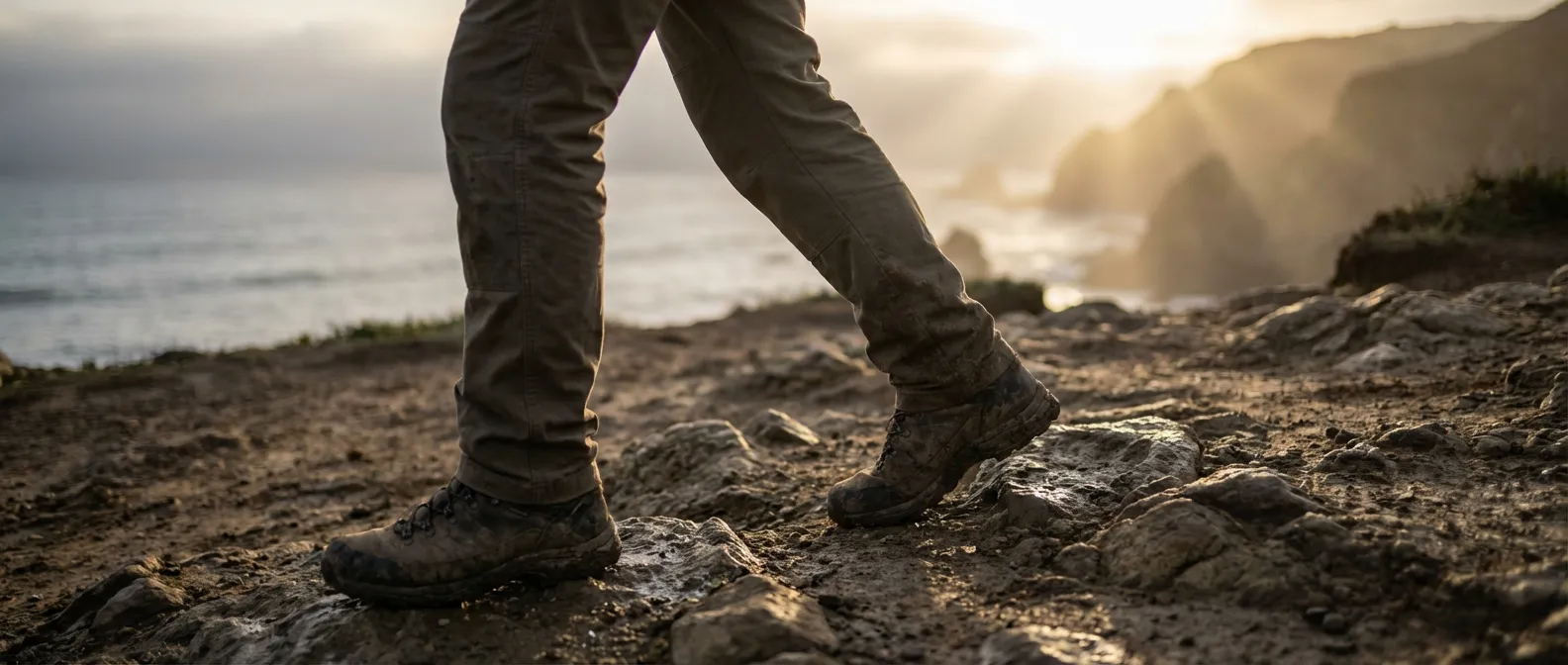 Vivre et avancer avec un pied bot à l'âge adulte Un adulte marchant avec résilience sur un sentier côtier au lever du soleil, symbolisant le parcours avec un pied bot.