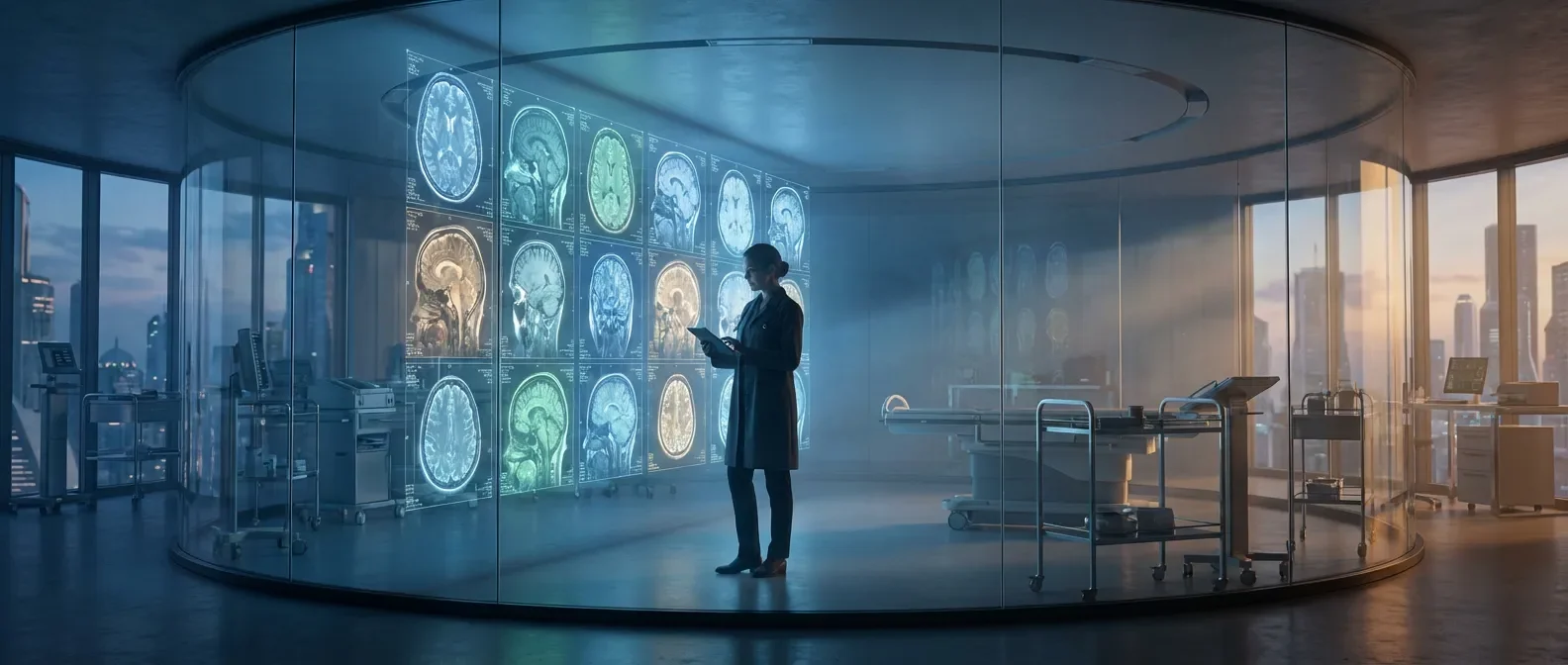 Radiologue expert analysant des examens IRM complexes dans un centre médical moderne