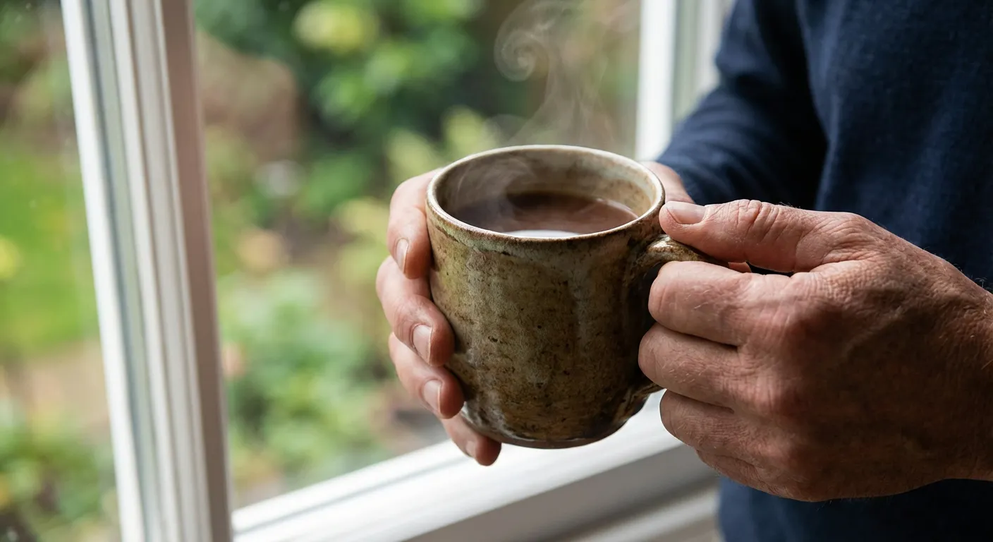 Mains tenant une tasse chaude dans une ambiance apaisante de rétablissement