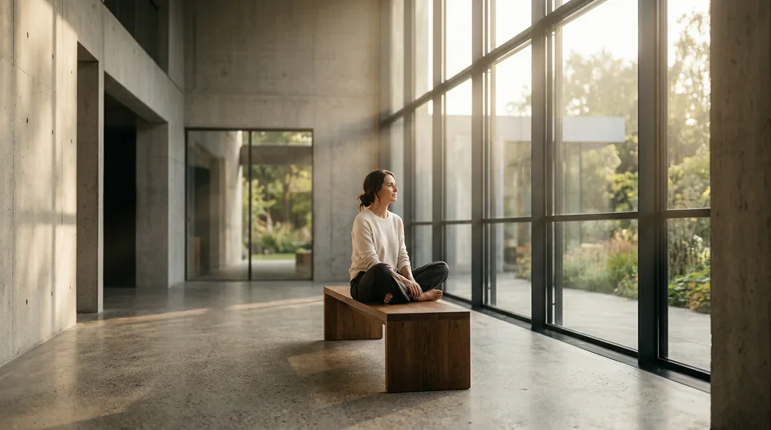 Une personne assise dans un espace lumineux symbolisant le soulagement et le rétablissement après un syndrome de Maigne