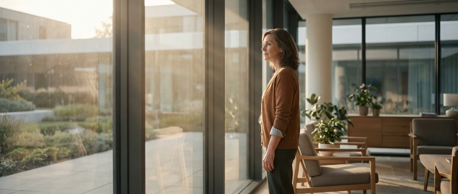 Femme pensive dans une salle d'attente médicale moderne, illustrant le témoignage ACR3.
