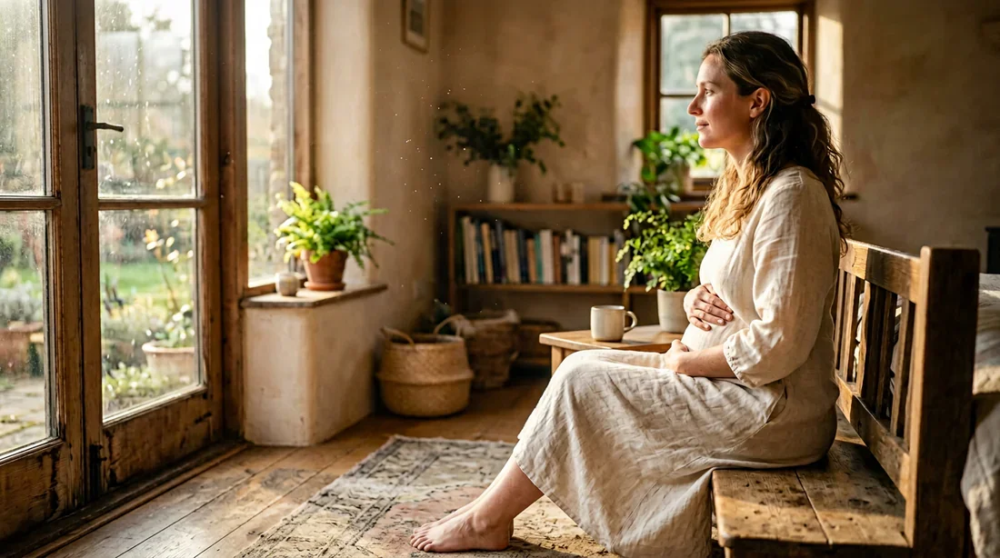 Une femme sereine dans une lumière douce évoquant le début d'une grossesse
