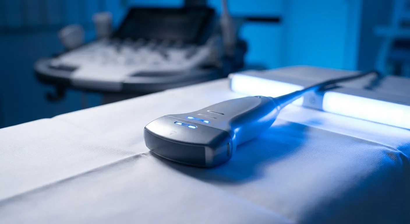 Gros plan d'une sonde d'échographie haute technologie sur fond minimaliste.