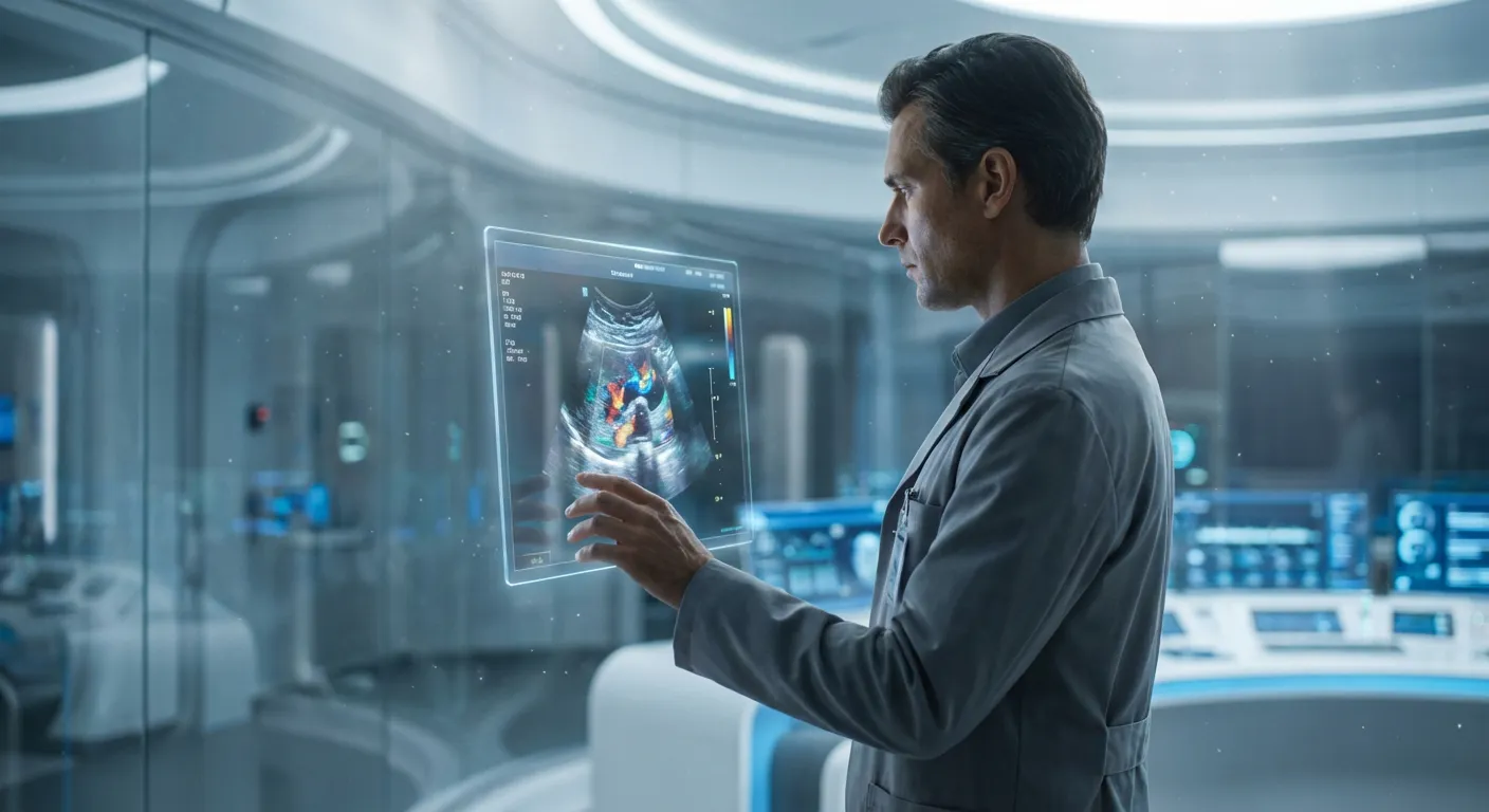 Un médecin expert analysant une échographie détaillée sur un écran haute définition.