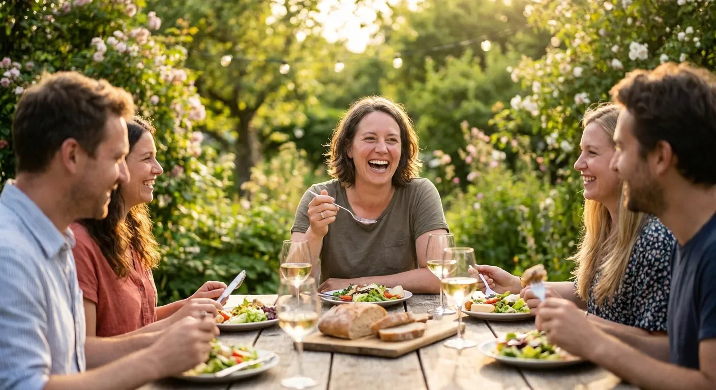 Une femme souriante partageant un moment de convivialité en extérieur, illustrant la liberté retrouvée.