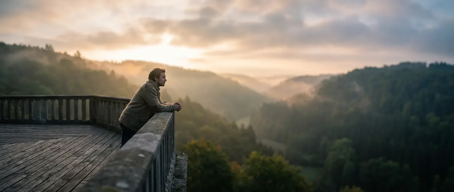 Une personne debout sur un balcon contemplant un paysage au lever du soleil, illustrant le parcours d'un patient sous Vimpat.