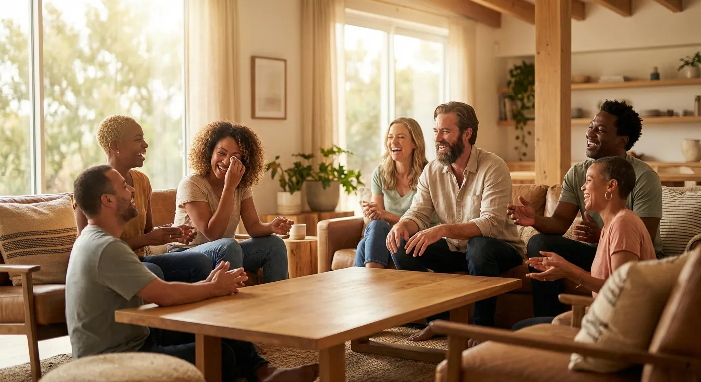 Groupe d'amis partageant un moment de bonheur et de connexion sociale dans un salon lumineux.